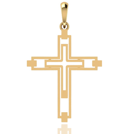 The 14k Gold Modern Geometric Cross Pendant showcases a sleek cross with cutout details and a polished bail, all displayed on a white background.