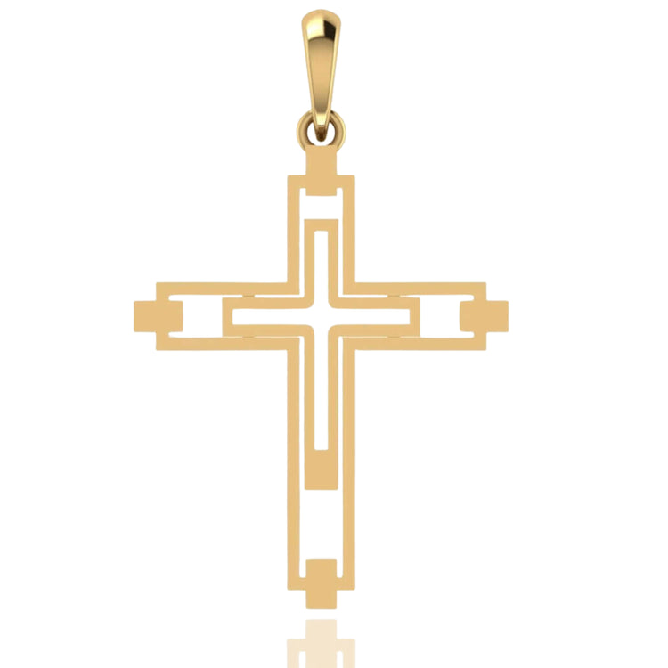 The 14k Gold Modern Geometric Cross Pendant showcases a sleek cross with cutout details and a polished bail, all displayed on a white background.