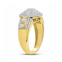 The 10k Two-Tone Gold Diamond Circle Flower Ring features a raised circular cluster of sparkling diamonds, with baguette and round diamonds set along its wide, polished band.