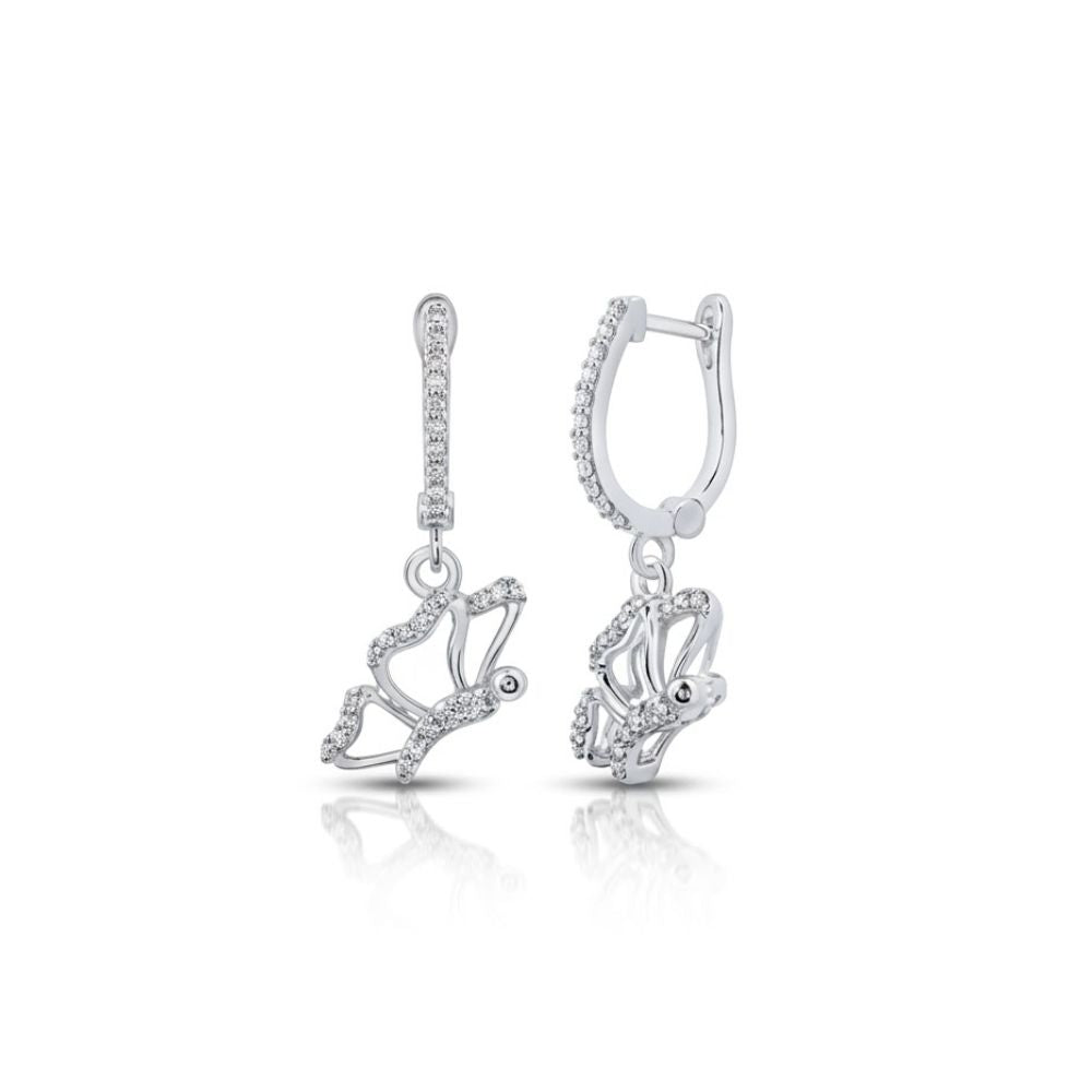 10k Gold Diamond Butterfly Dangle Earrings 1/4 Cttw shown on a white background, with one earring displaying the front view and the other showing the side and clasp.