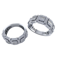 The Diamond Band – 2.05 CT Baguette and Pavé Design features silver rings with square and rectangular baguette diamond clusters, displayed on a white background for a luxurious, elegant look.