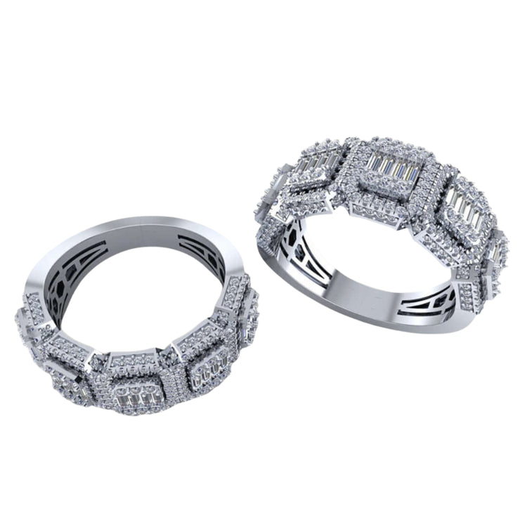 The Diamond Band – 2.05 CT Baguette and Pavé Design features silver rings with square and rectangular baguette diamond clusters, displayed on a white background for a luxurious, elegant look.