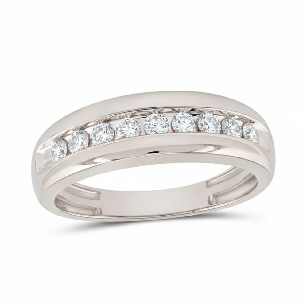 The 10k Gold Round Diamond Wedding Band 1/2 Cttw showcases seven round-cut diamonds in a channel setting with a polished split shank, offering a sophisticated and elegant choice for a wedding band—displayed on a white background.