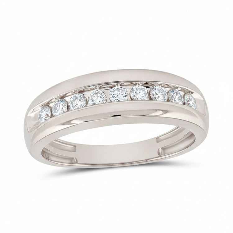 The 10k Gold Round Diamond Wedding Band 1/2 Cttw showcases seven round-cut diamonds in a channel setting with a polished split shank, offering a sophisticated and elegant choice for a wedding band—displayed on a white background.