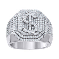 The Moissanite Octagon Head Dollar Sign Currency Ring features a bold dollar sign design with sparkling moissanite stones set on its striking front face.