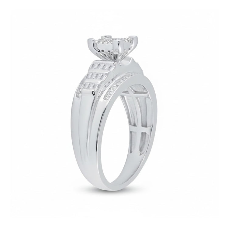 The Sterling Silver Diamond Cluster Bridal Engagement Ring features a raised prong setting with a round diamond, geometric details, and accent stones along the band for a stunning bridal look.