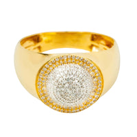 The 0.49 CTW Cluster Round Natural Diamond Ring in 14K yellow gold features a wide band and a large round centerpiece set with multiple sparkling natural diamonds arranged in concentric circles.
