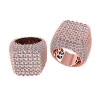 The Square Pavé Diamond Ring – 18 CT Gold Statement features a rose gold design for men, encrusted with rows of sparkling diamonds in a grid pattern. Shown from various angles on a plain white background.
