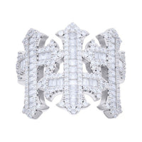 The Baguette Moissanite Cross Religious Ring is a wide silver band with an ornate geometric design, featuring rows of baguette-cut moissanite and round diamonds set in symmetrical, cross-inspired patterns.