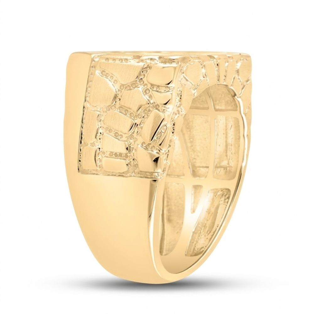 The 10k Yellow Gold Round Diamond Nugget Fashion Ring 1/2 Cttw features a wide band with a textured, geometric abstract design and sparkling diamonds. This bold statement ring is displayed against a plain white background.