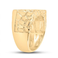 The 10k Yellow Gold Round Diamond Nugget Fashion Ring 1/2 Cttw features a wide band with a textured, geometric abstract design and sparkling diamonds. This bold statement ring is displayed against a plain white background.