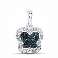 The 1/5 CT Blue Diamond Butterfly Pendant Gift in 10K Gold features sparkling blue diamonds at the center and white stones outlining a butterfly design, making it an elegant choice for butterfly jewelry lovers. Presented on a plain white background.