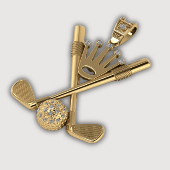 14K gold golf diamond pendant with crisscross golf clubs and crown design, featuring sparkling diamonds for luxury-loving golfers.