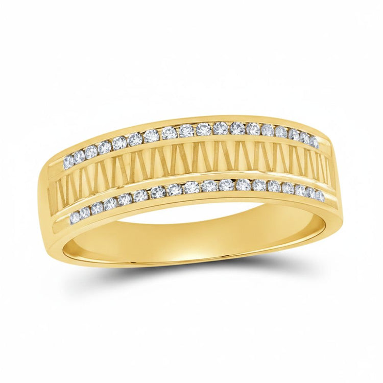 The 14k Yellow Gold Diamond Double Row Wedding Band features two rows of small, round diamonds set atop a band, accented by vertical engraved lines between raised edges for a geometric look.