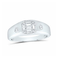 The 10k Gold Baguette Diamond Band Ring 3/8 Cttw features a rectangular cluster of baguette-cut diamonds with round diamonds on each side, all set in a wide polished band—ideal as a wedding band or statement ring.