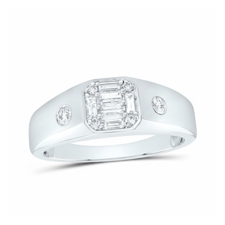 The 10k Gold Baguette Diamond Band Ring 3/8 Cttw features a rectangular cluster of baguette-cut diamonds with round diamonds on each side, all set in a wide polished band—ideal as a wedding band or statement ring.