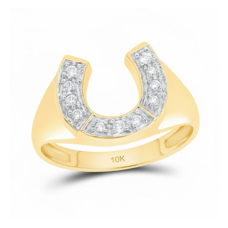 The 10k Gold Diamond Horseshoe Ring 1/20 Cttw, crafted in 10K yellow gold and accented with diamonds, is shown against a white background.