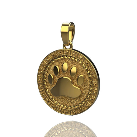 The Golden Dog Paw Pendant – 14K Solid Yellow Gold for Men features a raised paw print and ornate textured border, with a top loop for necklaces—a stylish piece of men’s pet jewelry.