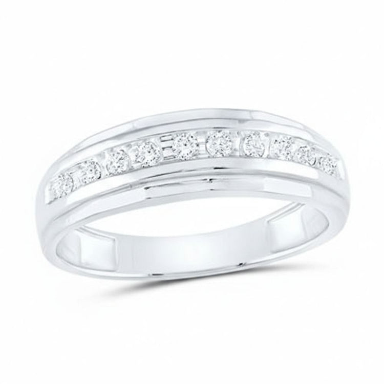 The 10k Two-Tone Gold Diamond Wedding Band – 1/4 Cttw features a polished band with sparkling diamonds set in a channel across the top—a stunning wedding band for any occasion.