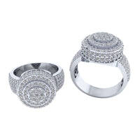 The Layered Round Diamond Ring – 2.33 CT Gold Design features two silver rings with layered, round tops adorned with rows of small diamonds, displayed from various angles on a white background for a modern look.