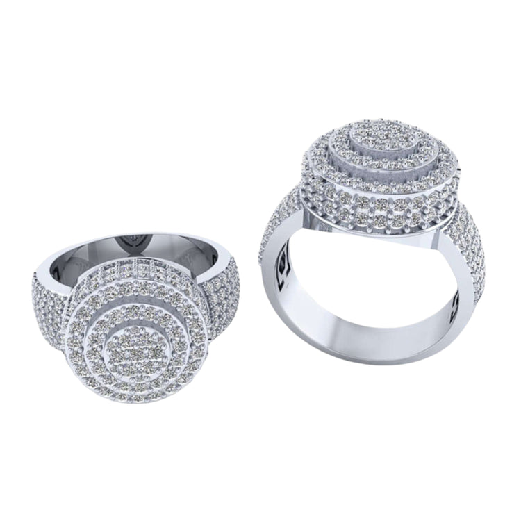 The Layered Round Diamond Ring – 2.33 CT Gold Design features two silver rings with layered, round tops adorned with rows of small diamonds, displayed from various angles on a white background for a modern look.