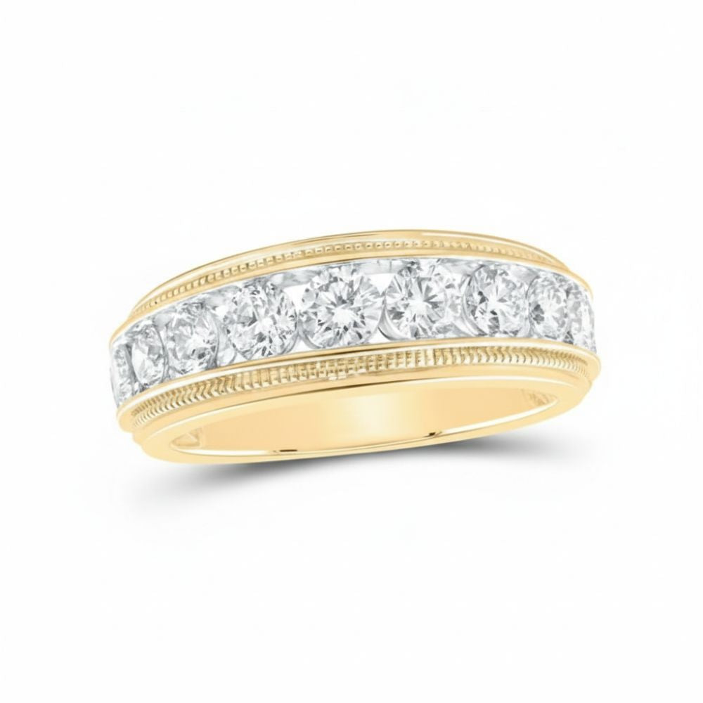 The 10k Gold Round Diamond Band Ring 2 CTTW features a row of sparkling round diamonds across the center and detailed edging on both sides, showcased against a white background.