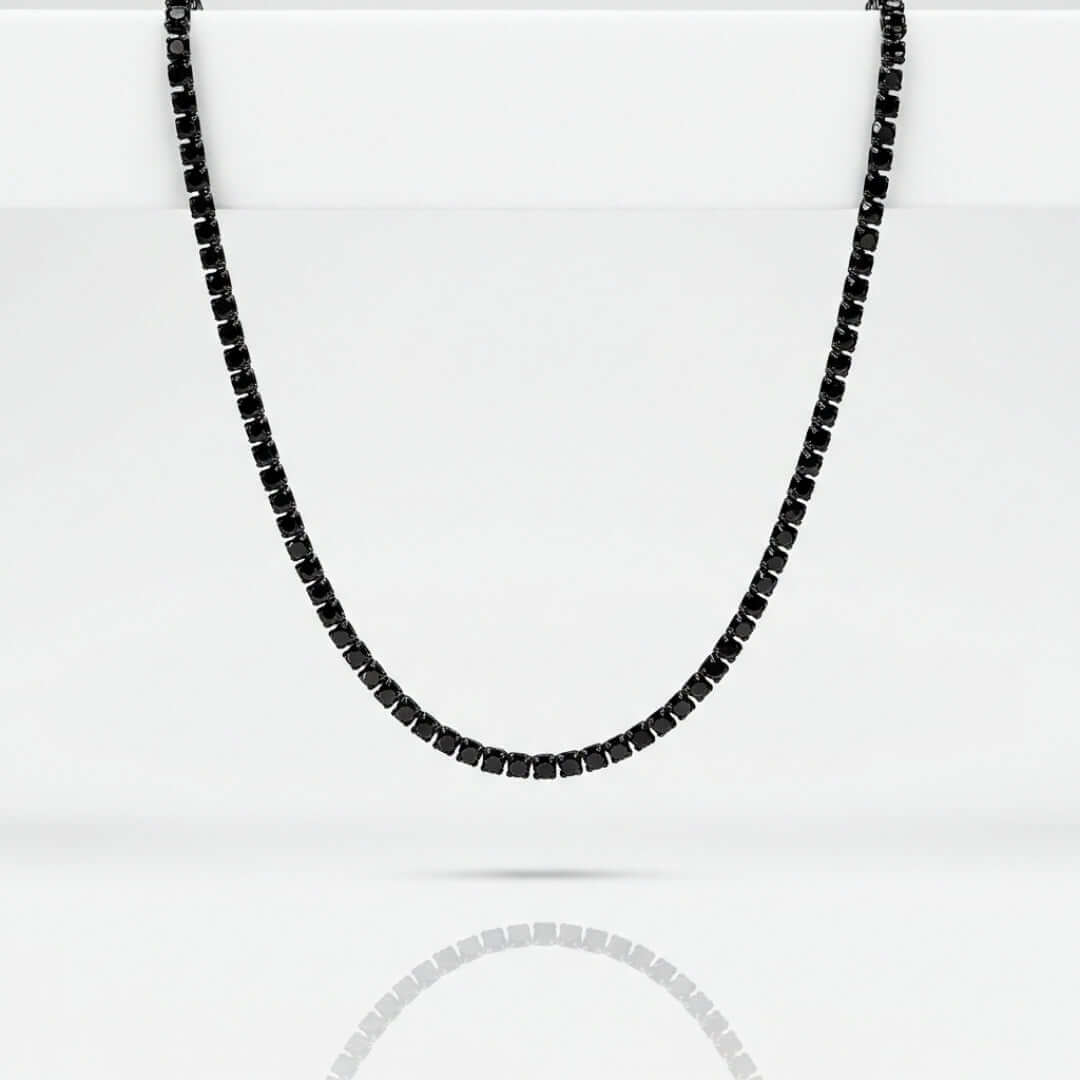 alt=" Explore our 3mm Black Moissanite Tennis Chain, featuring round-cut black moissanite gemstones set in 925 sterling silver. A perfect blend of elegance and modern style. "