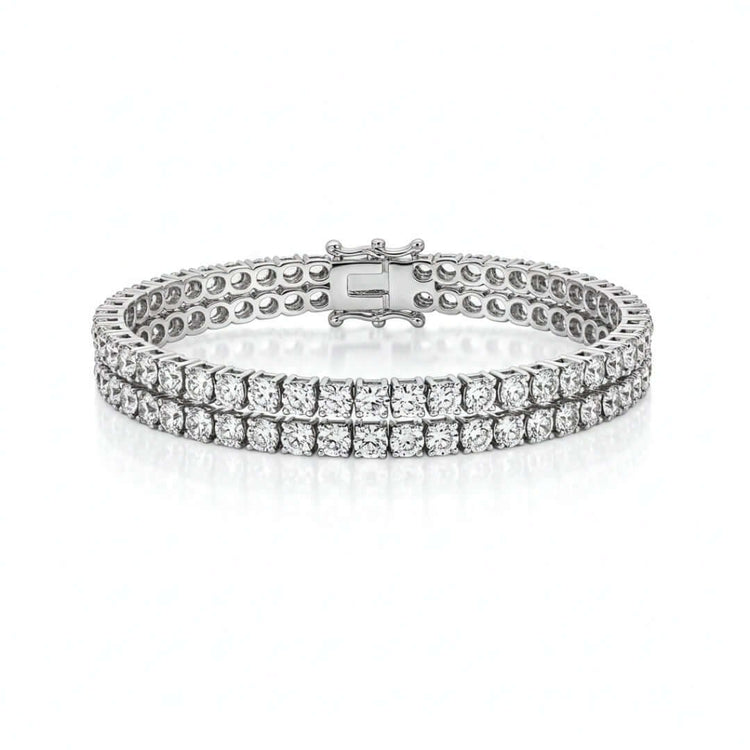 The Double Row Moissanite Silver Bracelet - 3mm features round, sparkling moissanite gems set in a symmetrical pattern on 925 sterling silver, displayed against a plain white background.