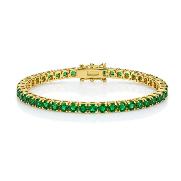 The Green Moissanite Tennis Bracelet - 4mm features a single row of round green moissanite gems in prong settings and a secure box clasp, elegantly displayed against a white background.