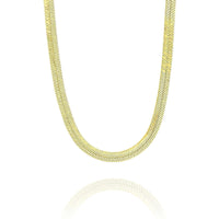The Herringbone Chain - 4mm, crafted in 14K gold with a tarnish-resistant finish, is displayed against a white background. Its gentle U-shape and visible reflection enhance its elegant appearance.