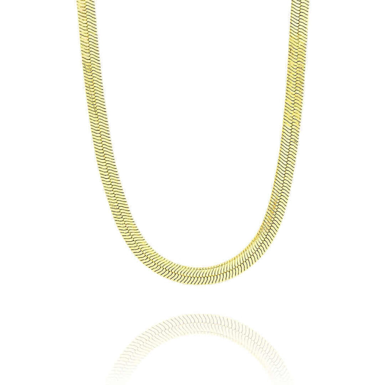 The Herringbone Chain - 4mm, crafted in 14K gold with a tarnish-resistant finish, is displayed against a white background. Its gentle U-shape and visible reflection enhance its elegant appearance.