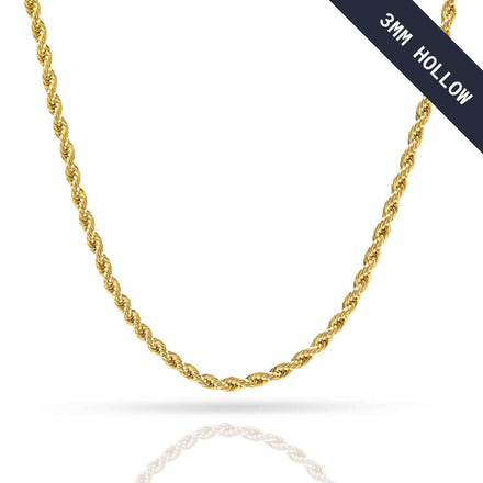 The Hollow Rope Chain - 3mm is a twisted 10k gold chain necklace shown on a white background with a "3MM HOLLOW" label in the top right. An ideal everyday accessory that adds a subtle yet stylish touch to any look.