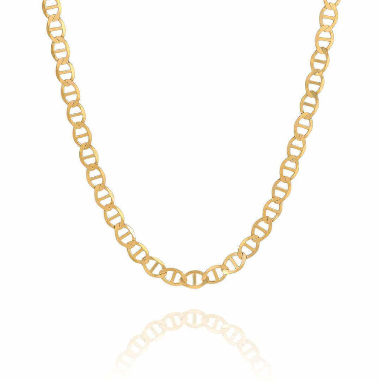 The Gold Mariner Chain - 6mm features medium-sized interlocking oval links and is displayed against a white background with a subtle reflection beneath it.