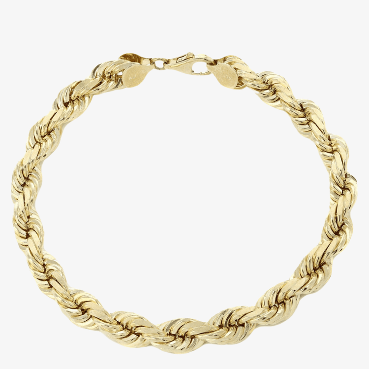 The Gold Rope Bracelet - 4mm is crafted in 14k gold with a twisted rope design and lobster clasp, shown arranged in a circle on a white background—a classic Miami jewelry piece.