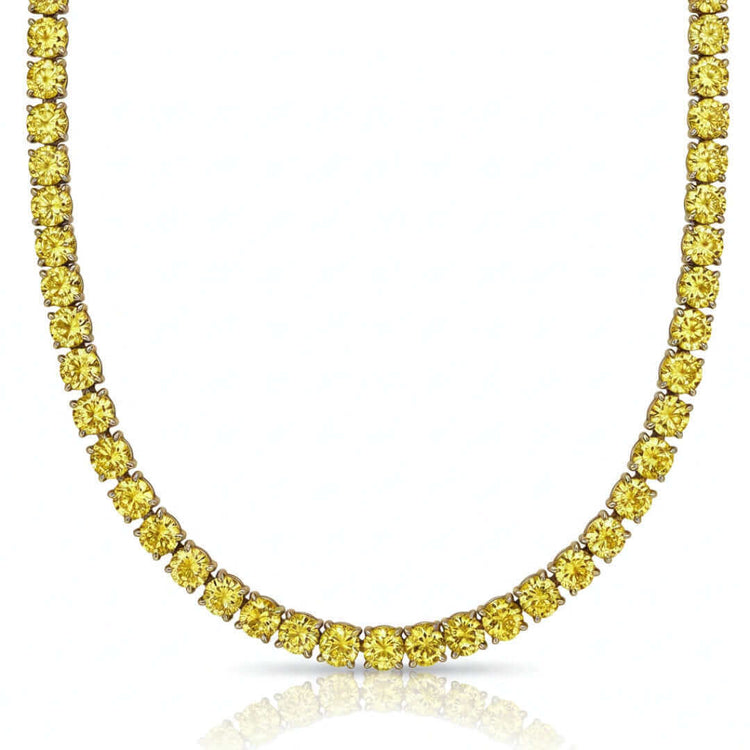 The Yellow Moissanite Tennis Chain - 3mm features a continuous row of round 3mm yellow moissanite gemstones, evenly spaced in an elegant gold setting, displayed against a white background.