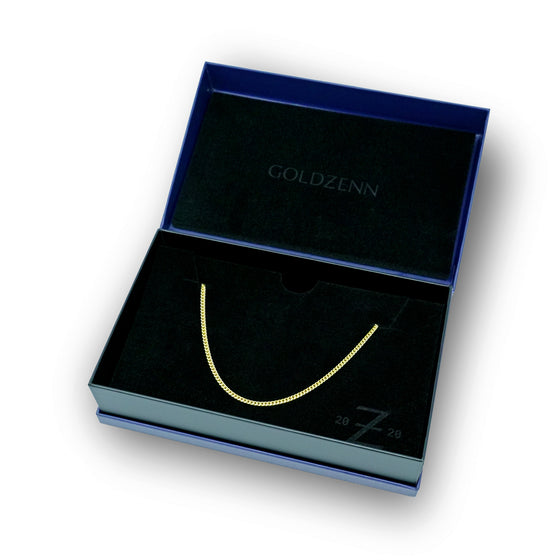 3mm Gold Cuban Link Chain in Goldzenn packaging box. 