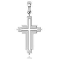 The 14k Gold Geometric Frame Cross Pendant features layered edges and a polished finish, showcasing modern elegance in gold jewelry against a white background.
