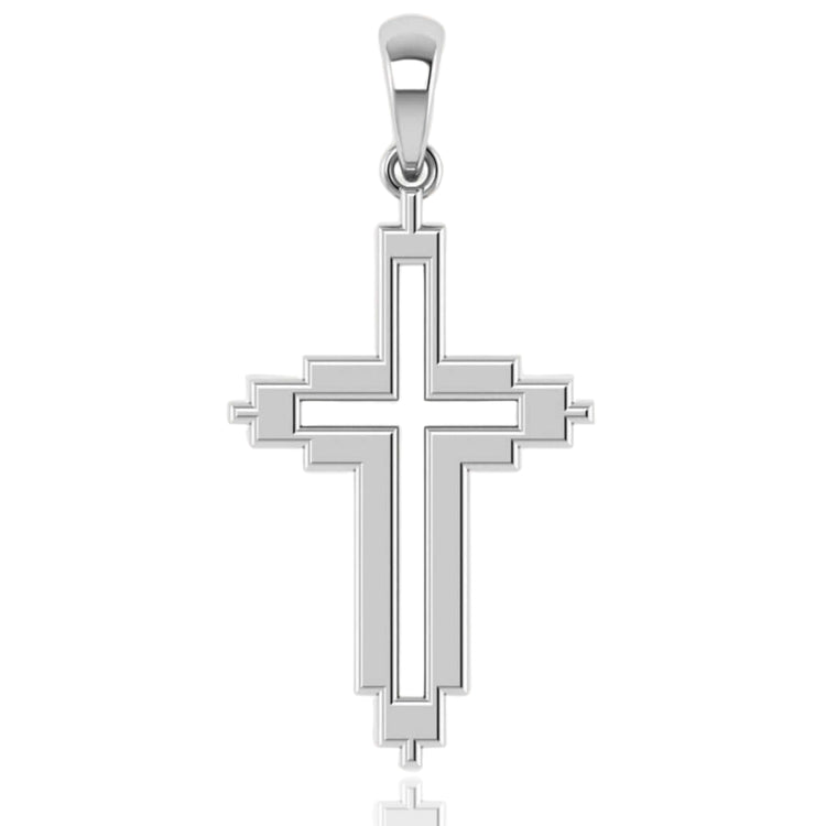 The 14k Gold Geometric Frame Cross Pendant features layered edges and a polished finish, showcasing modern elegance in gold jewelry against a white background.