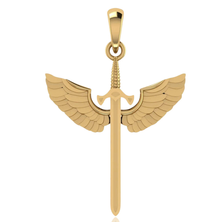 The 14k Gold Winged Sword Pendant features a sword design with detailed wings extending from the hilt, creating an angelic and mythical appearance.
