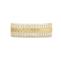 The 14k Gold Diamond Braided Wedding Band Ring 1/2 Cttw showcases two parallel rows of round white diamonds and a textured, braided center band.
