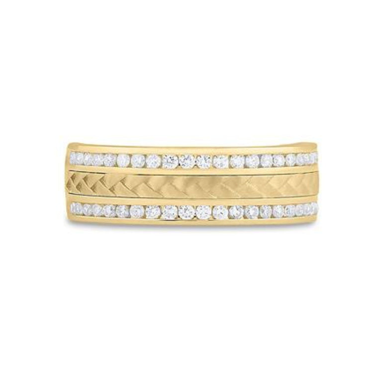 The 14k Gold Diamond Braided Wedding Band Ring 1/2 Cttw showcases two parallel rows of round white diamonds and a textured, braided center band.