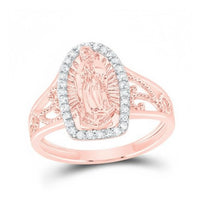 The 1/5CTW 14k Gold Virgin Mary Ladies Ring showcases an engraved Virgin Mary at the center, bordered by sparkling gemstones and finished with elegant filigree detailing on the band.