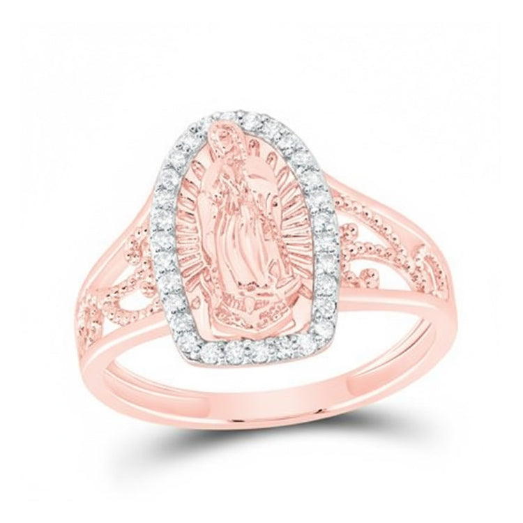 The 1/5CTW 14k Gold Virgin Mary Ladies Ring showcases an engraved Virgin Mary at the center, bordered by sparkling gemstones and finished with elegant filigree detailing on the band.