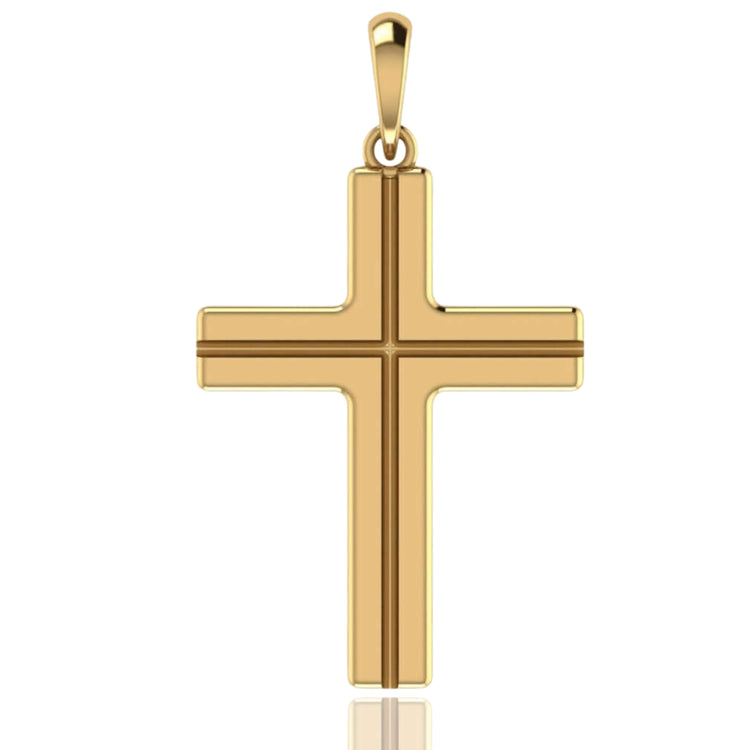 The 14k Gold Sleek Cross Pendant features beveled edges, a polished finish, and a central groove on each arm. This minimalist pendant includes a top loop for easy wear.