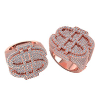 Two rose gold Dollar Sign Diamond Rings (4.32 CT Pavé Design) with numerous small diamonds and bold geometric patterns are displayed against a white background.