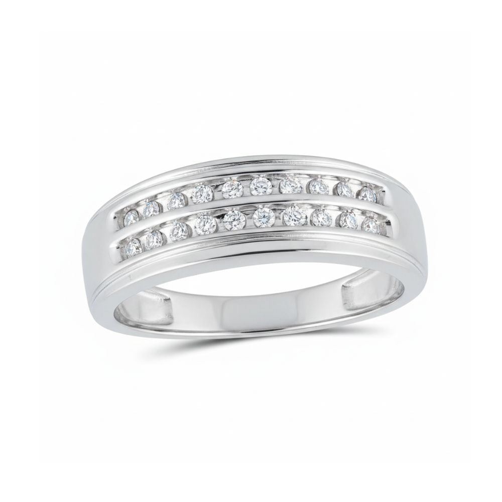 A sleek and modern 10k Gold 2-Row Diamond Wedding Band – 1/4 Cttw gleams against a plain white background, featuring two horizontal rows of channel-set diamonds.