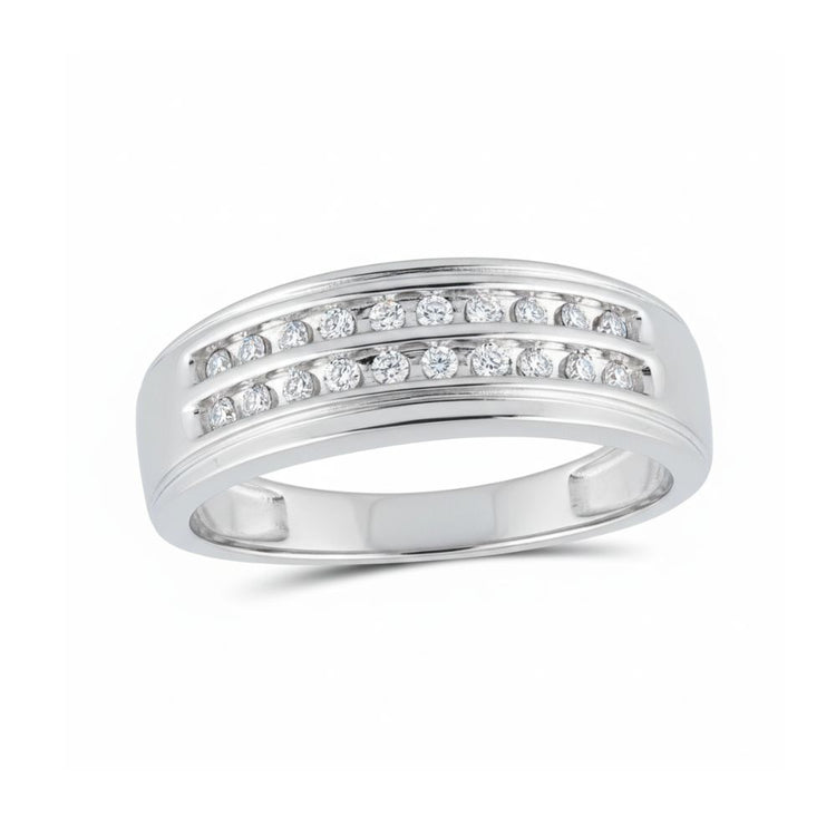 A sleek and modern 10k Gold 2-Row Diamond Wedding Band – 1/4 Cttw gleams against a plain white background, featuring two horizontal rows of channel-set diamonds.