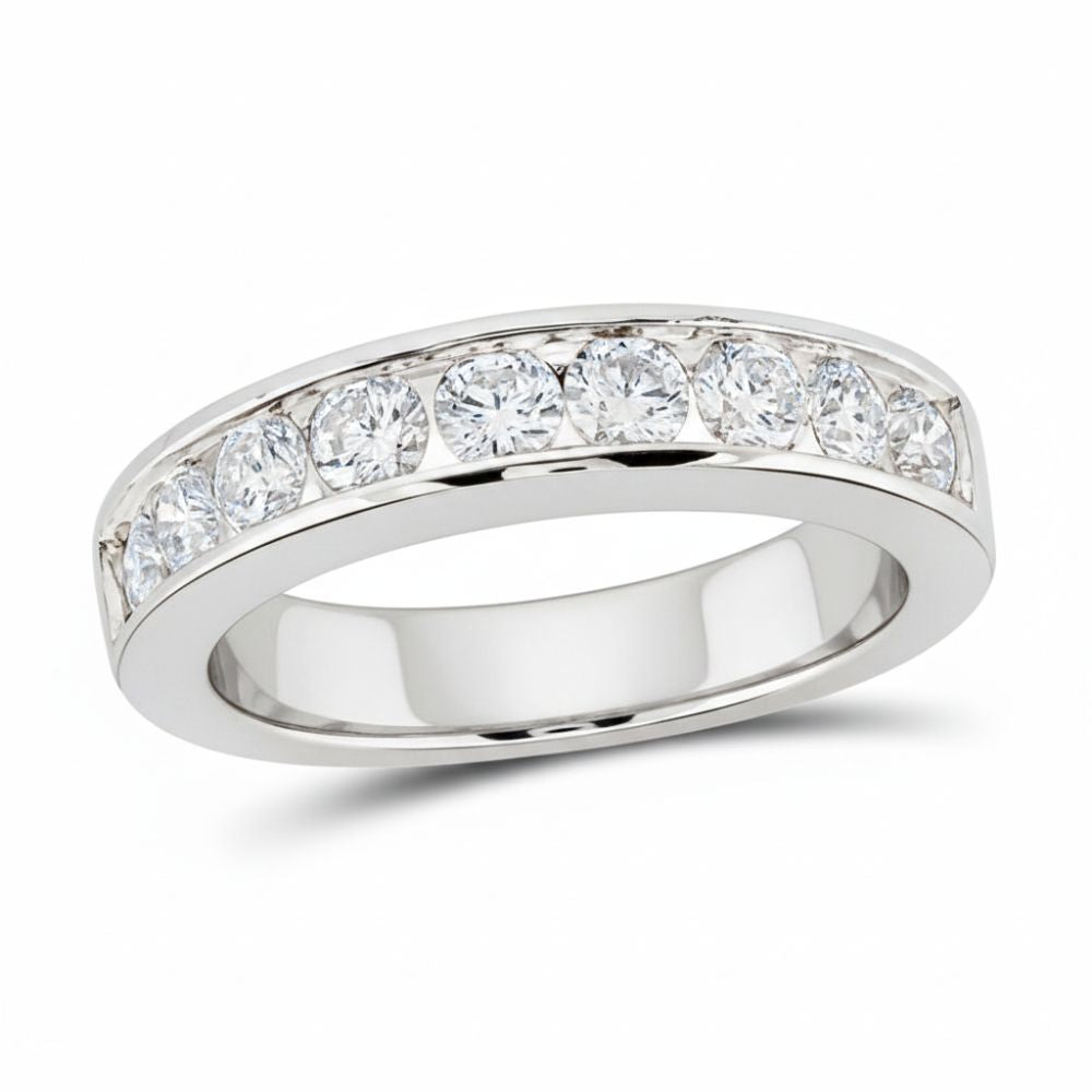 The 14k Gold Round Diamond Wedding Channel Set Band 1 Cttw showcases a row of channel-set round diamonds across the top, set against a plain white background.