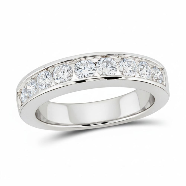 The 14k Gold Round Diamond Wedding Channel Set Band 1 Cttw showcases a row of channel-set round diamonds across the top, set against a plain white background.