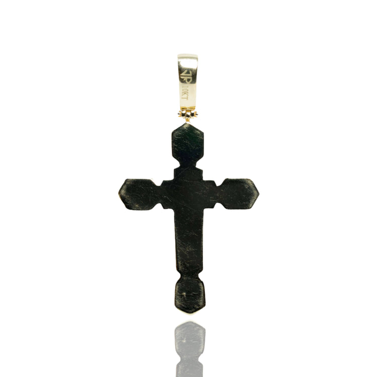 The Black Cross with CZ Pendant – 10K Gold for Men features a dark metallic cross with geometric edges and a 10K gold loop at the top, shown against a white background.